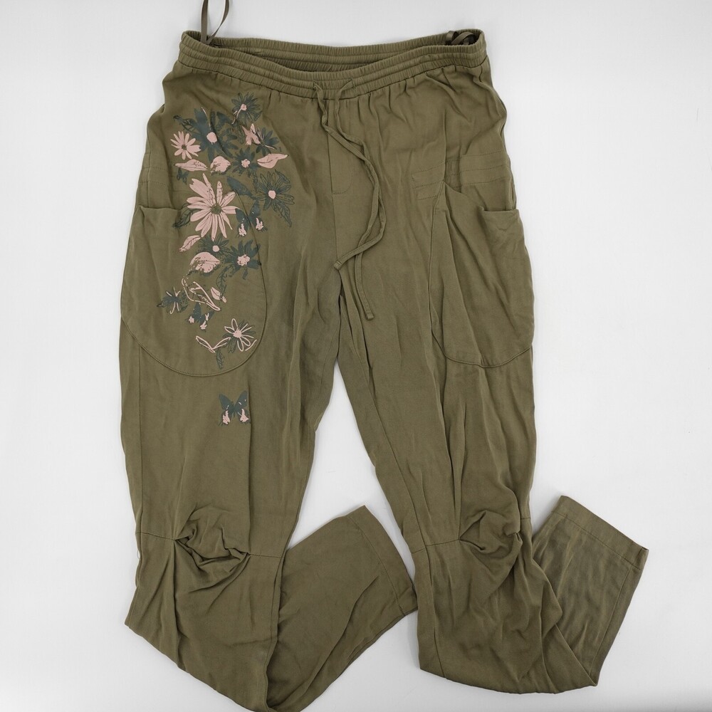 Oslo Pants Womens Size 8 Green Floral Print Drawstring Waist Pockets Casual Boho